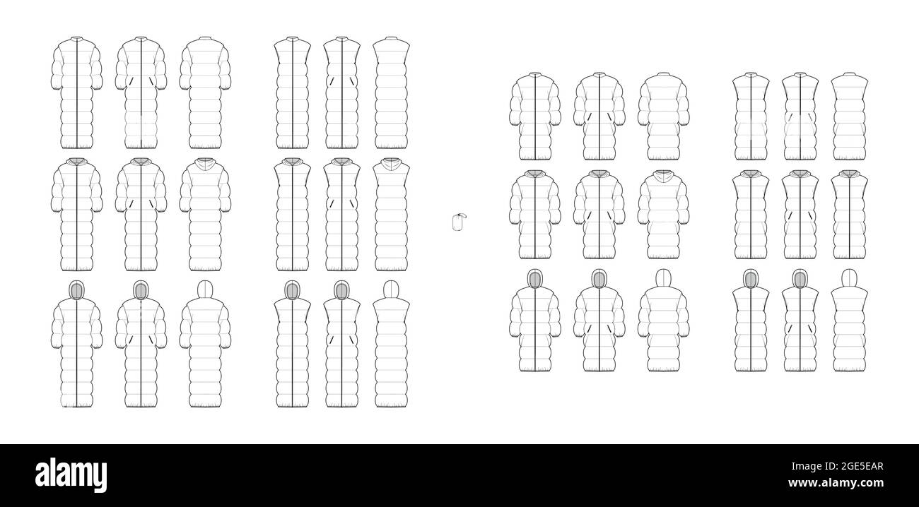 Set of Down coats vests puffer waistcoat technical fashion illustration with pouch, stand hoody collar, pockets, wide quilting. Flat template front, back, white color. Women, men unisex top CAD mockup Stock Vector