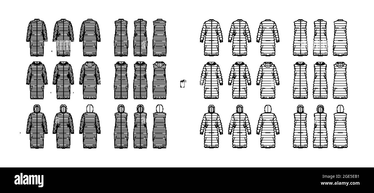Set of Down vests coats puffer waistcoat technical fashion illustration with pouch, zip-up closure, loose fit, classic quilting. Flat template front, back, white color. Women men unisex top CAD mockup Stock Vector