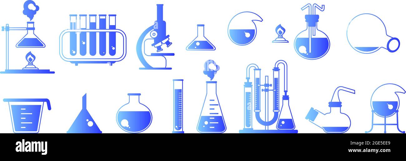 Set of blue gradient icons of flask and test tube Stock Vector