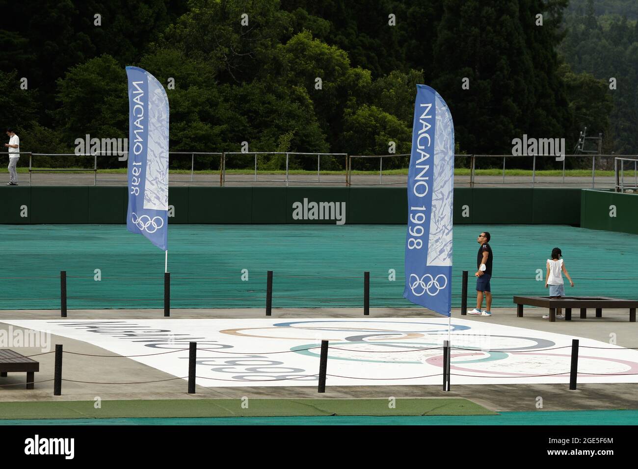 Nagano, Japan, 2021-10-08 , Nagano Ski Jump base, host of the winter olympic games  of 2018. Stock Photo