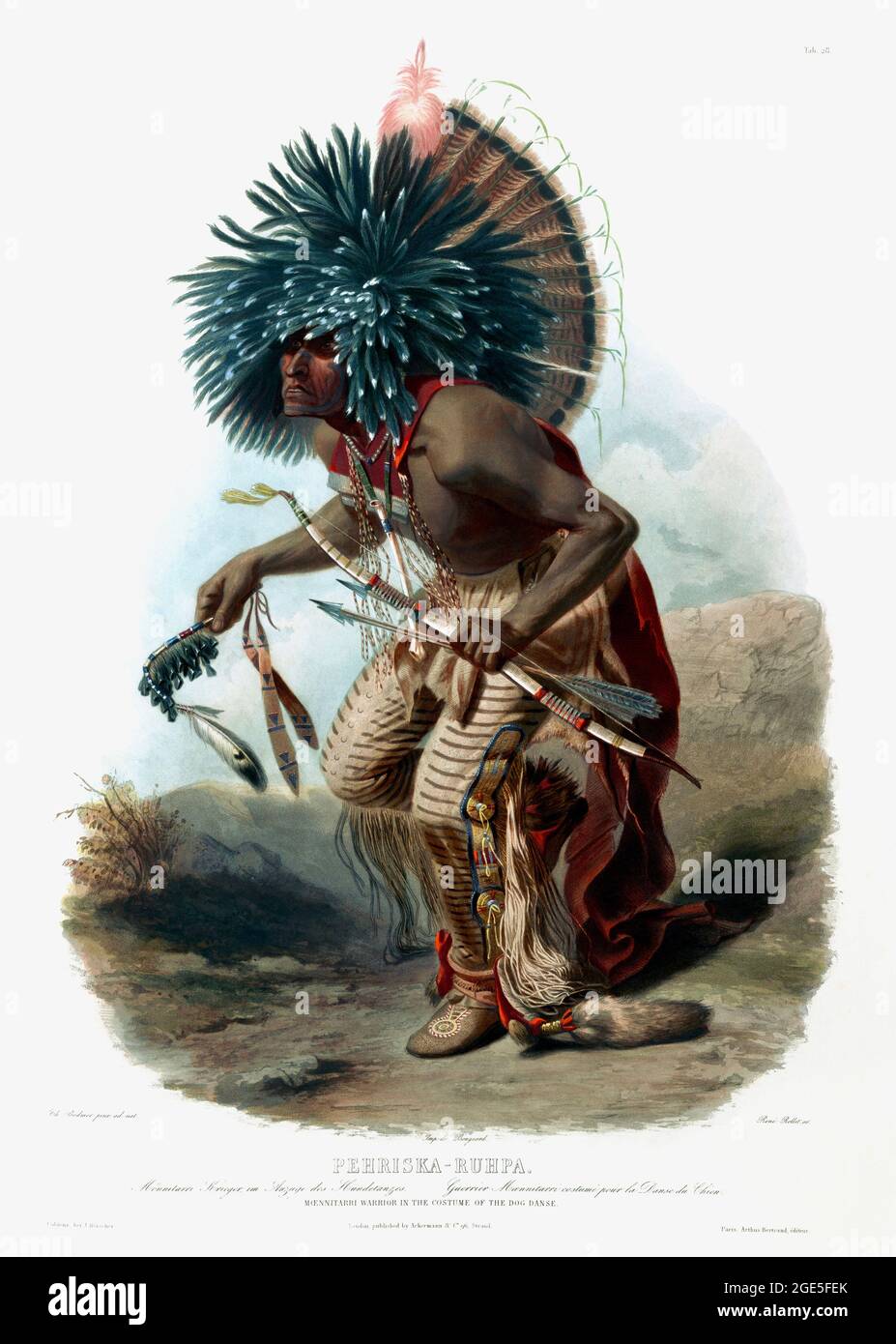 Karl Bodmer artwork entitled Moenitarri warrior in the costume of the dog dance - c1832 Stock Photo