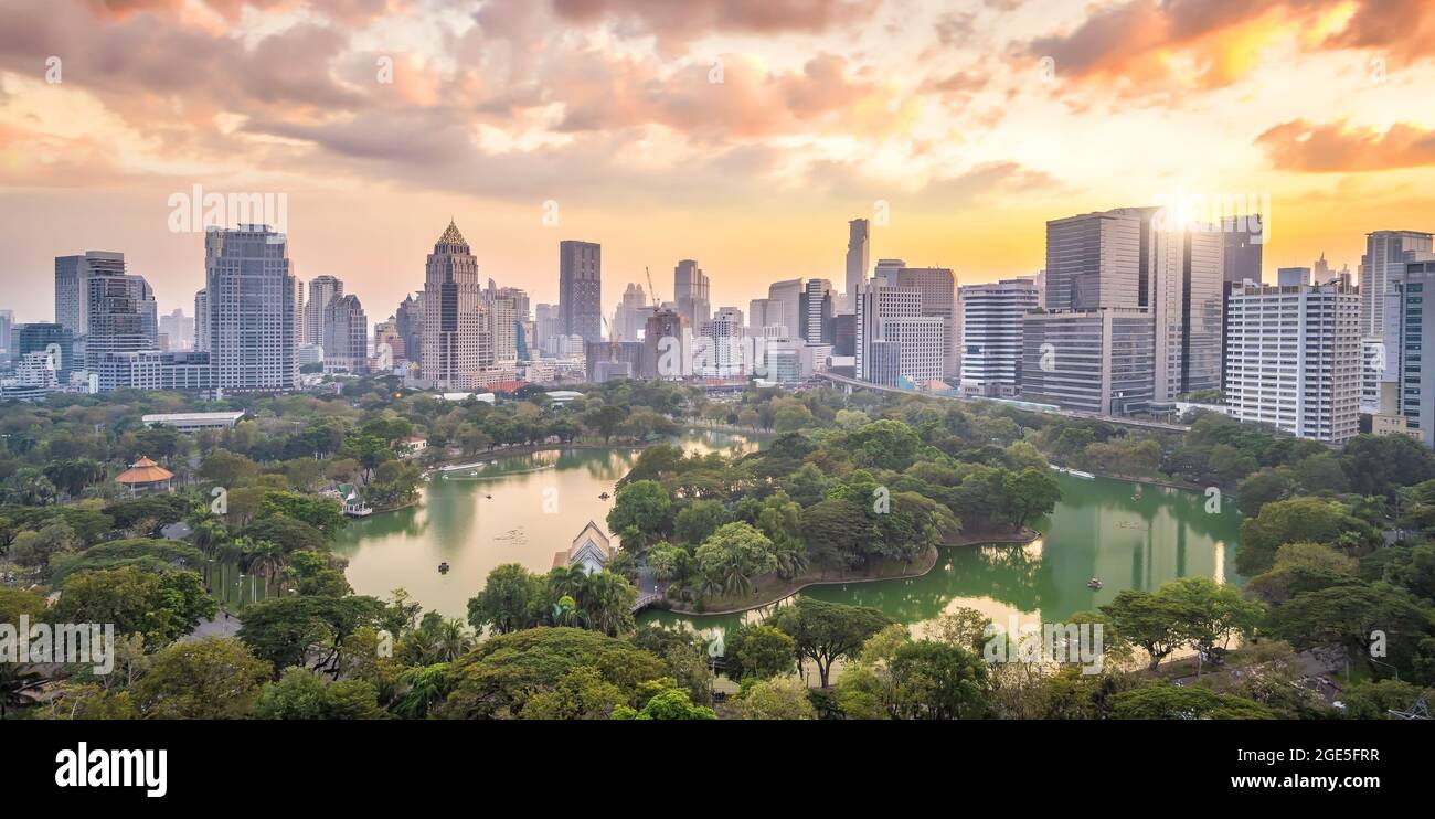 Downtown Bangkok city skyline with Lumpini park from top view in ...
