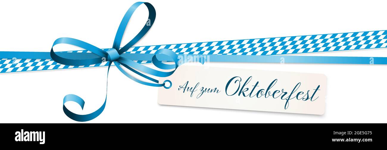EPS 10 vector illustration of blue colored ribbon bow with hang tag and text isolated on white background for German Oktoberfest time 2021 Stock Vector