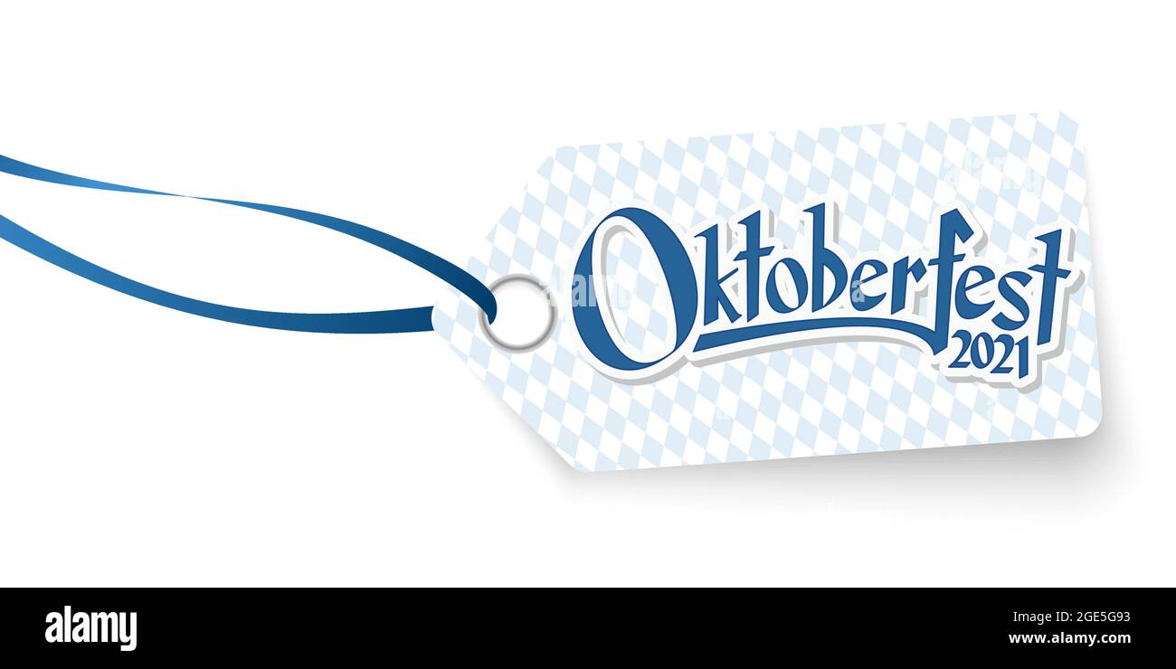 hang tag with blue white checkered pattern and text welcome to Oktoberfest 2021 (in german) Stock Vector