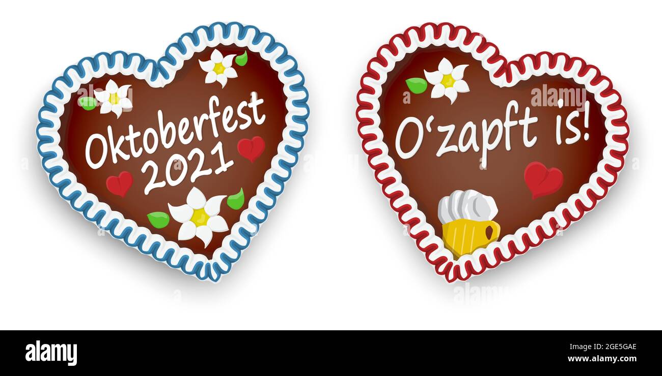 illustrated gingerbread heart with text It is tapped (in german) for Oktoberfest 2021 2022 time Stock Vector