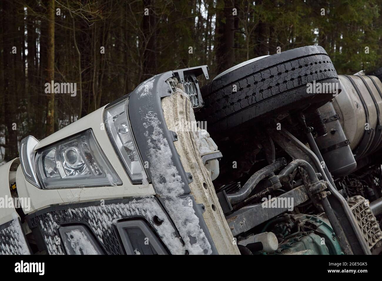 January 25, 2021, road A5, Latvia: Truck after car accident on the slippery road Stock Photo