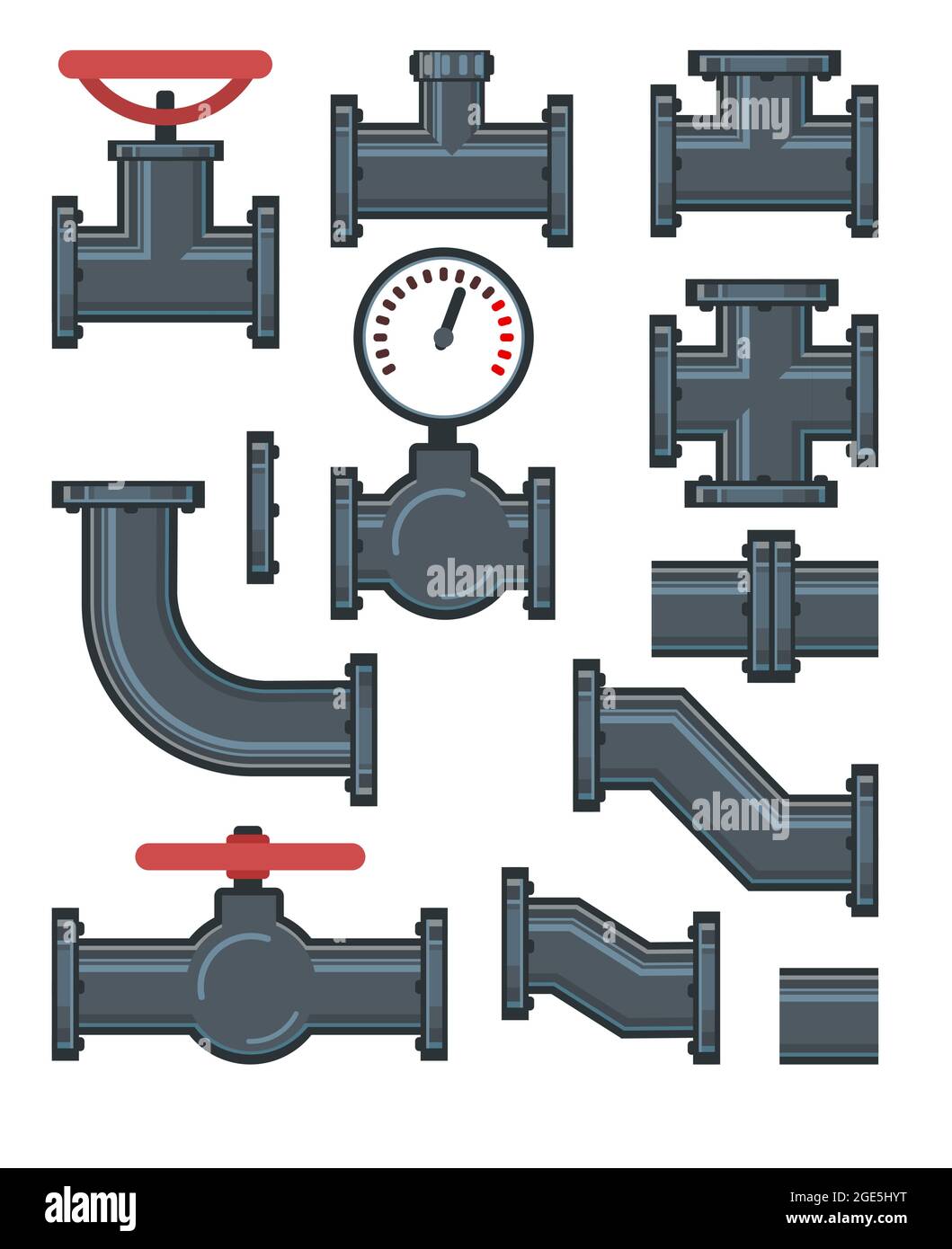 Set. Fittings, taps, bends, fittings and Pressure gauge. Spare parts for pipelines, sewerage, gas pipelines and any liquids. Isolated on a white backg Stock Vector