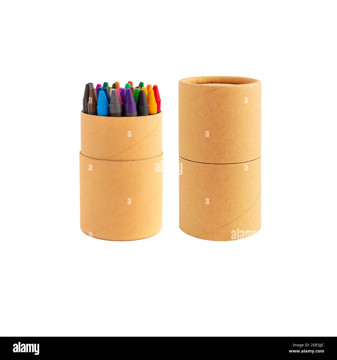 Colored waxy pencils in eco cardboard box isolated on white background.  Colorful non-toxic pastel sticks of pigmented wax in paper cup for writing  art Stock Photo - Alamy