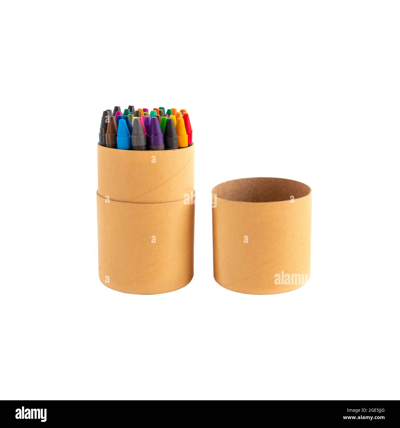 Colored waxy pencils in eco cardboard box isolated on white background. Colorful non-toxic pastel sticks of pigmented wax in paper cup for writing art Stock Photo