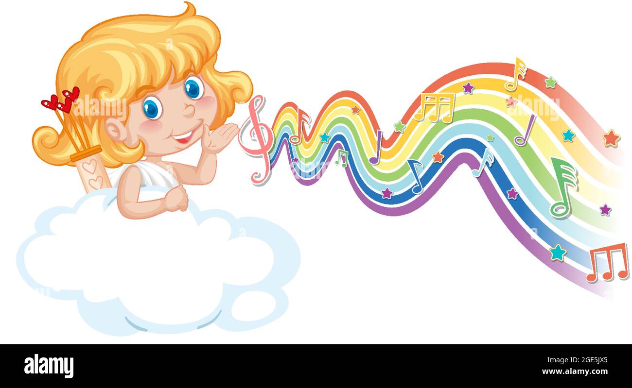 Cupid girl with melody symbols on rainbow wave illustration Stock ...