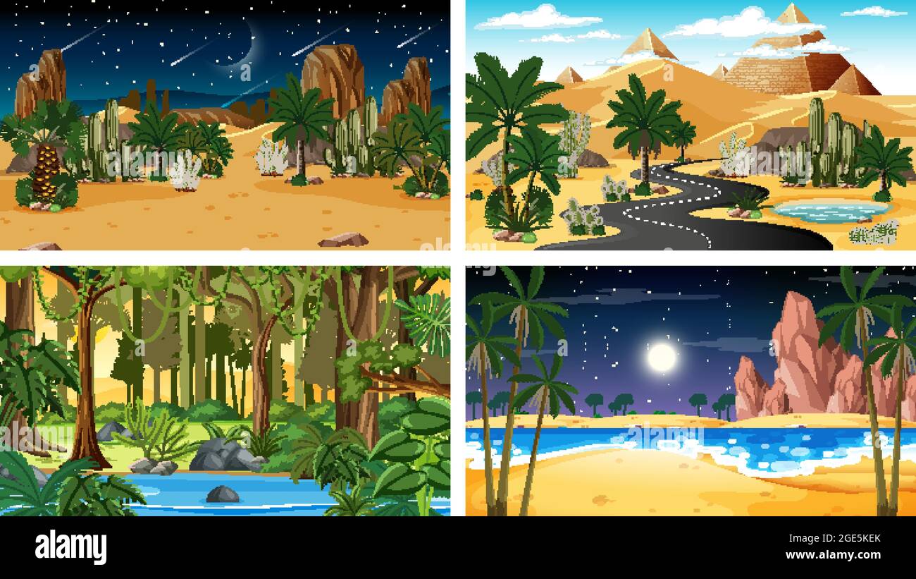 Four different nature horizontal scenes illustration Stock Vector