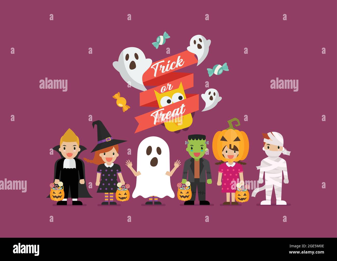 Halloween party children in scary different costumes. Collection of cartoon children in carnival costumes. Vector illustration Stock Vector