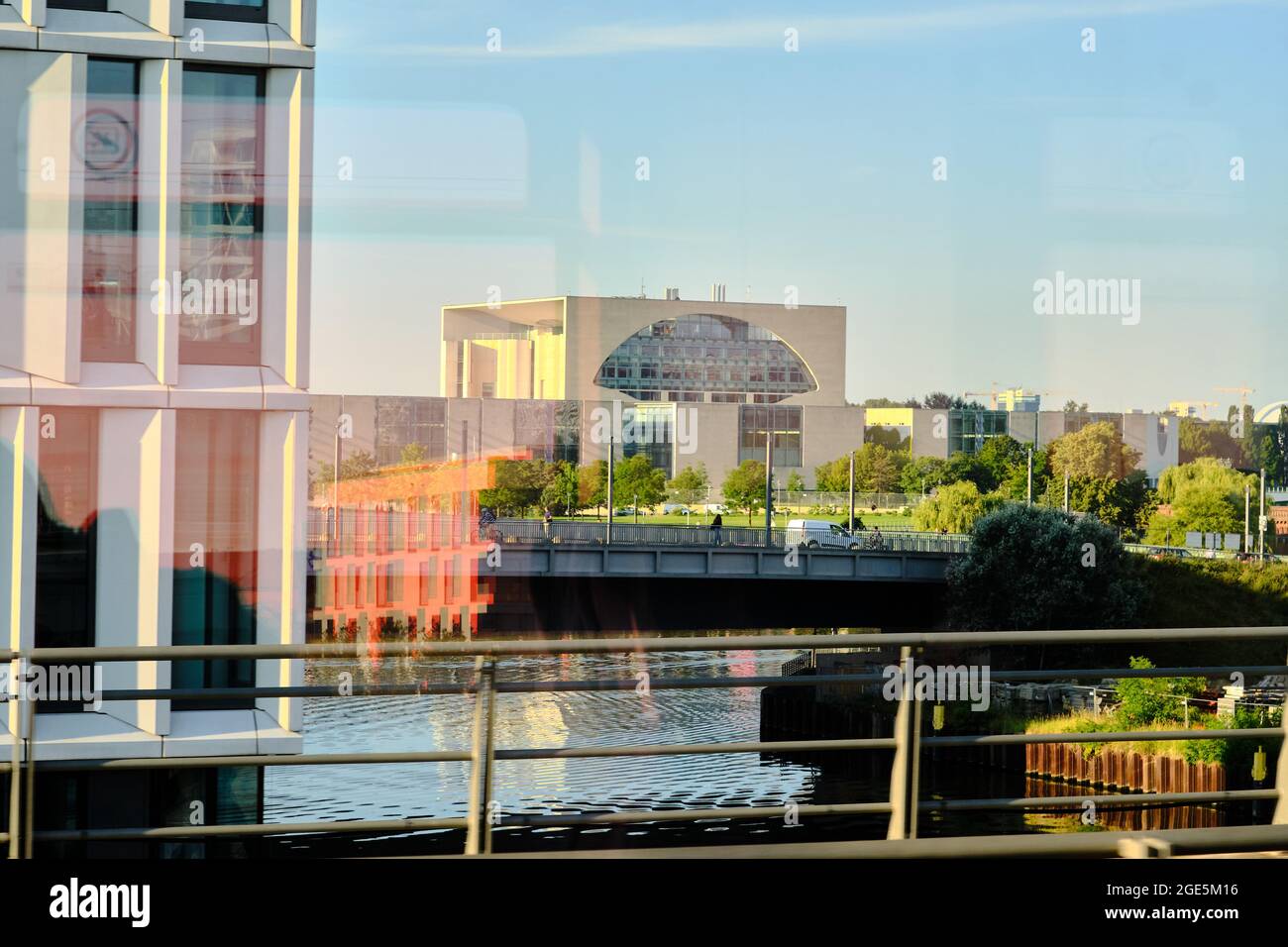 Berlin, Germany. 12th Aug, 2021. View from the moving IC 2949 to the chancellor's office in the morning light. Credit: Stefan Jaitner/dpa/Alamy Live News Stock Photo