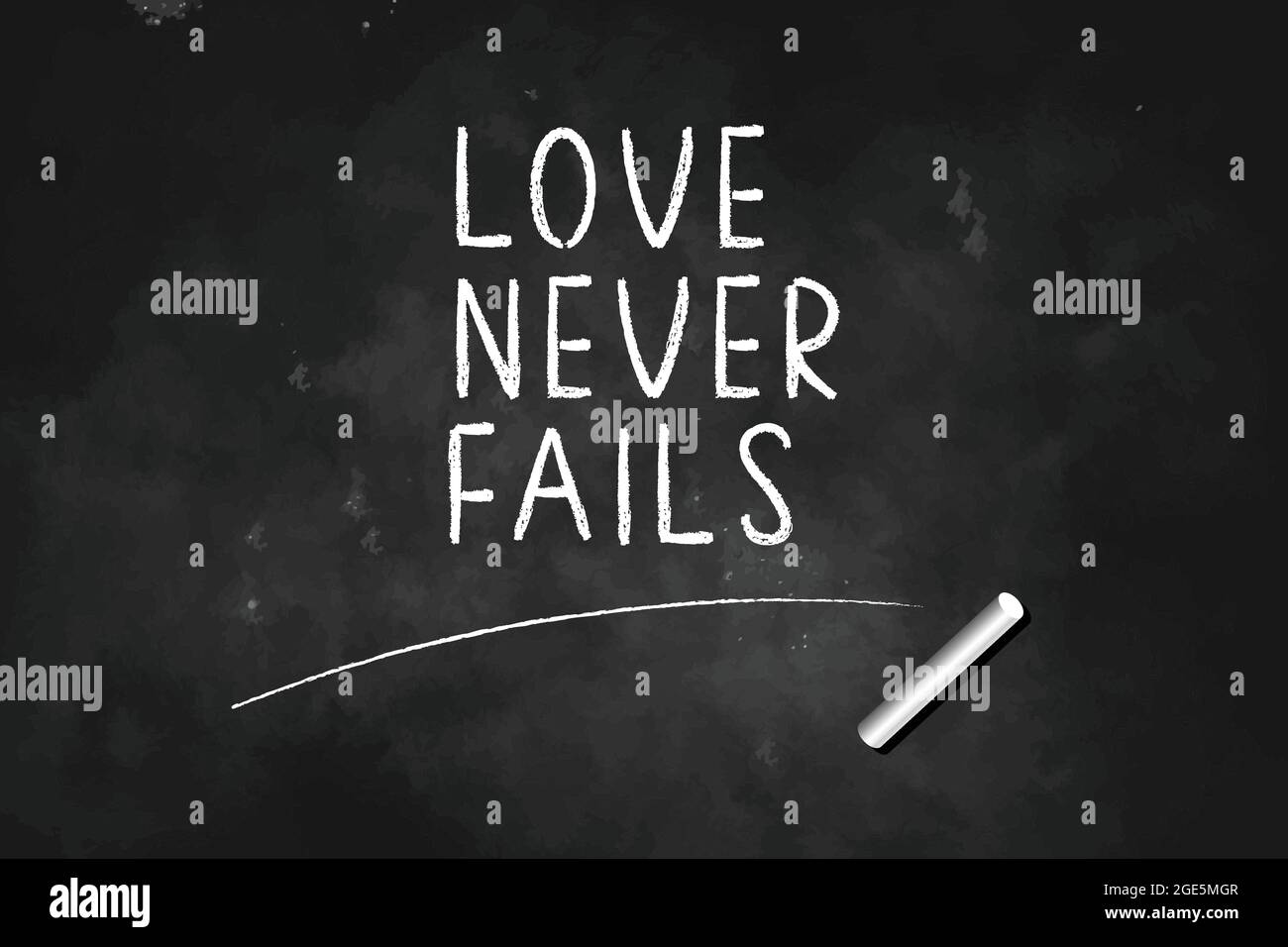 LOVE  NEVER FAILS  written with chalk on blackboard icon logo design vector illustration Stock Vector