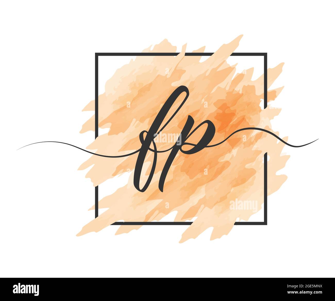 calligraphic lowercase letters F and P are written in a solid line on a colored background in a frame. Simple Style Stock Vector