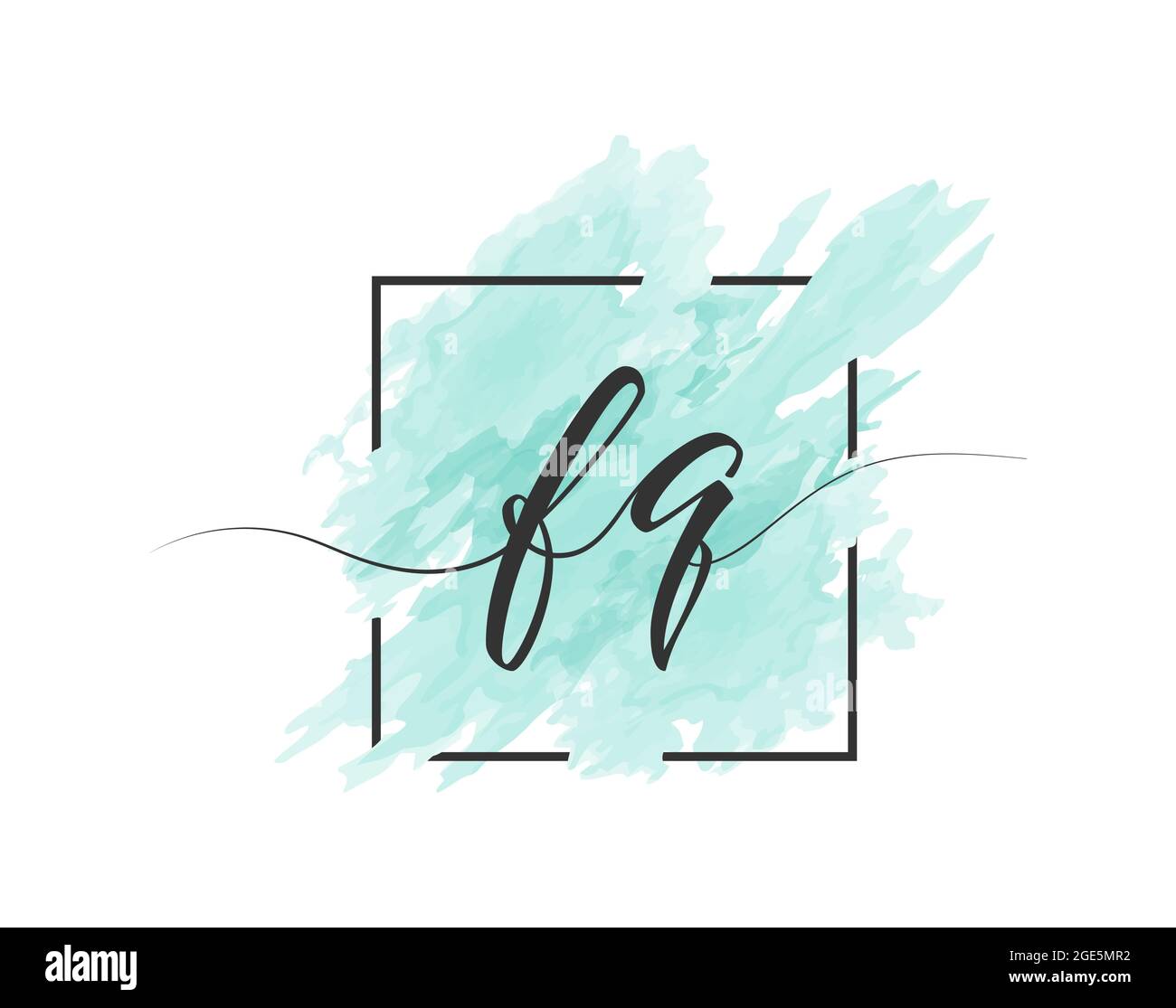 calligraphic lowercase letters F and G are written in a solid line on a colored background in a frame. Simple Style Stock Vector