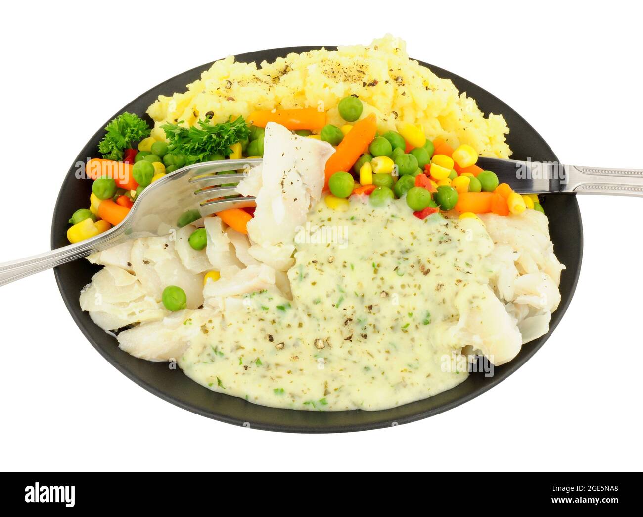 Cod with parsley sauce and mashed potato meal isolated on a white background Stock Photo