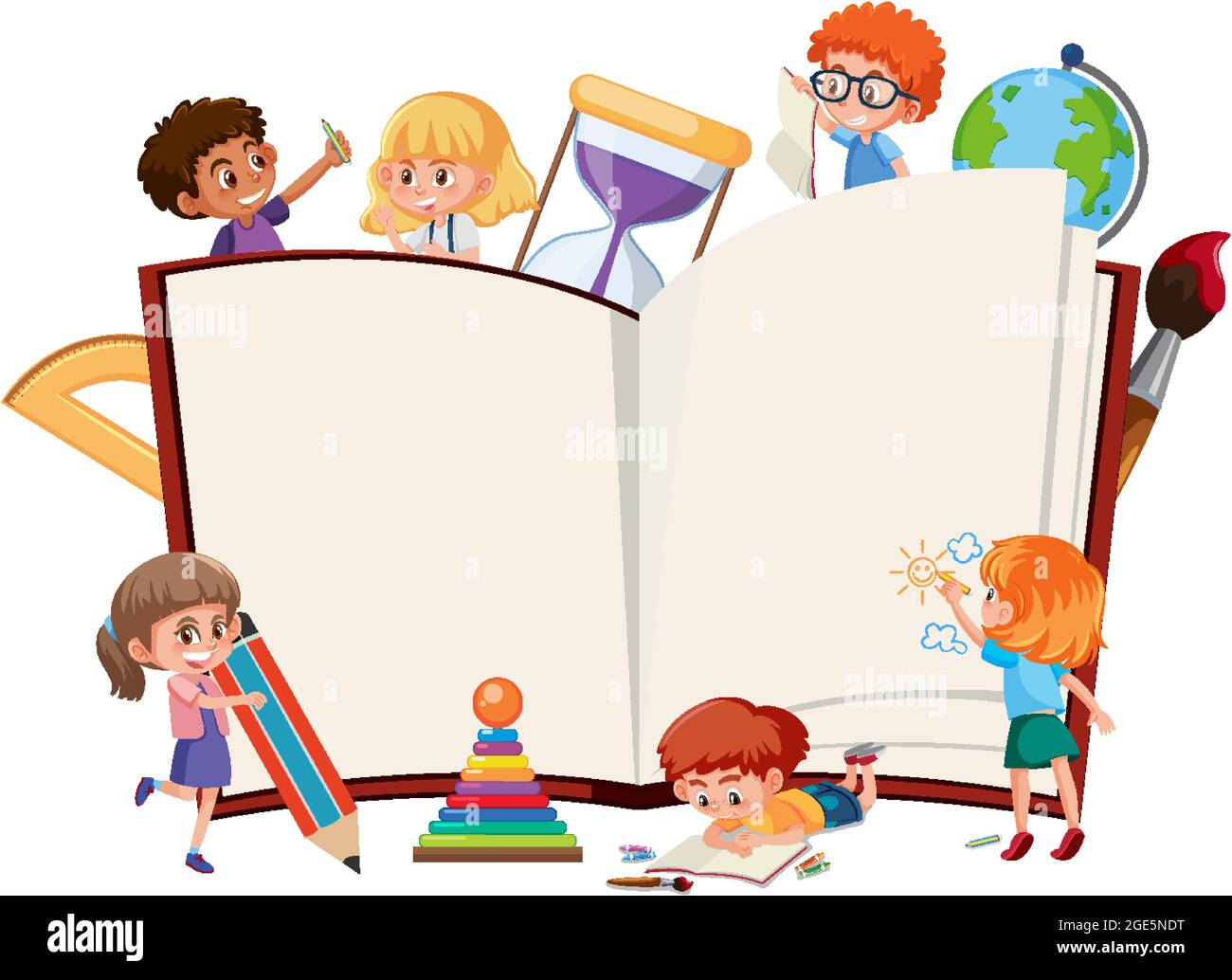 Empty opened book with school kids and stationery elements illustration ...