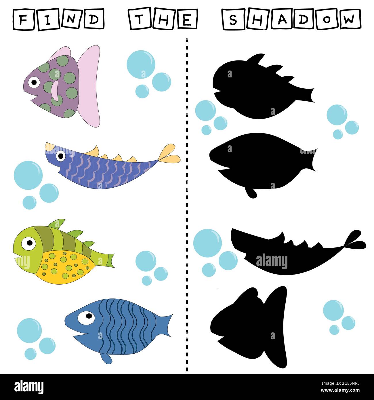 Find a pair or shadow  game with funny fishes. Worksheet for preschool kids, kids activity sheet, printable worksheet Stock Vector