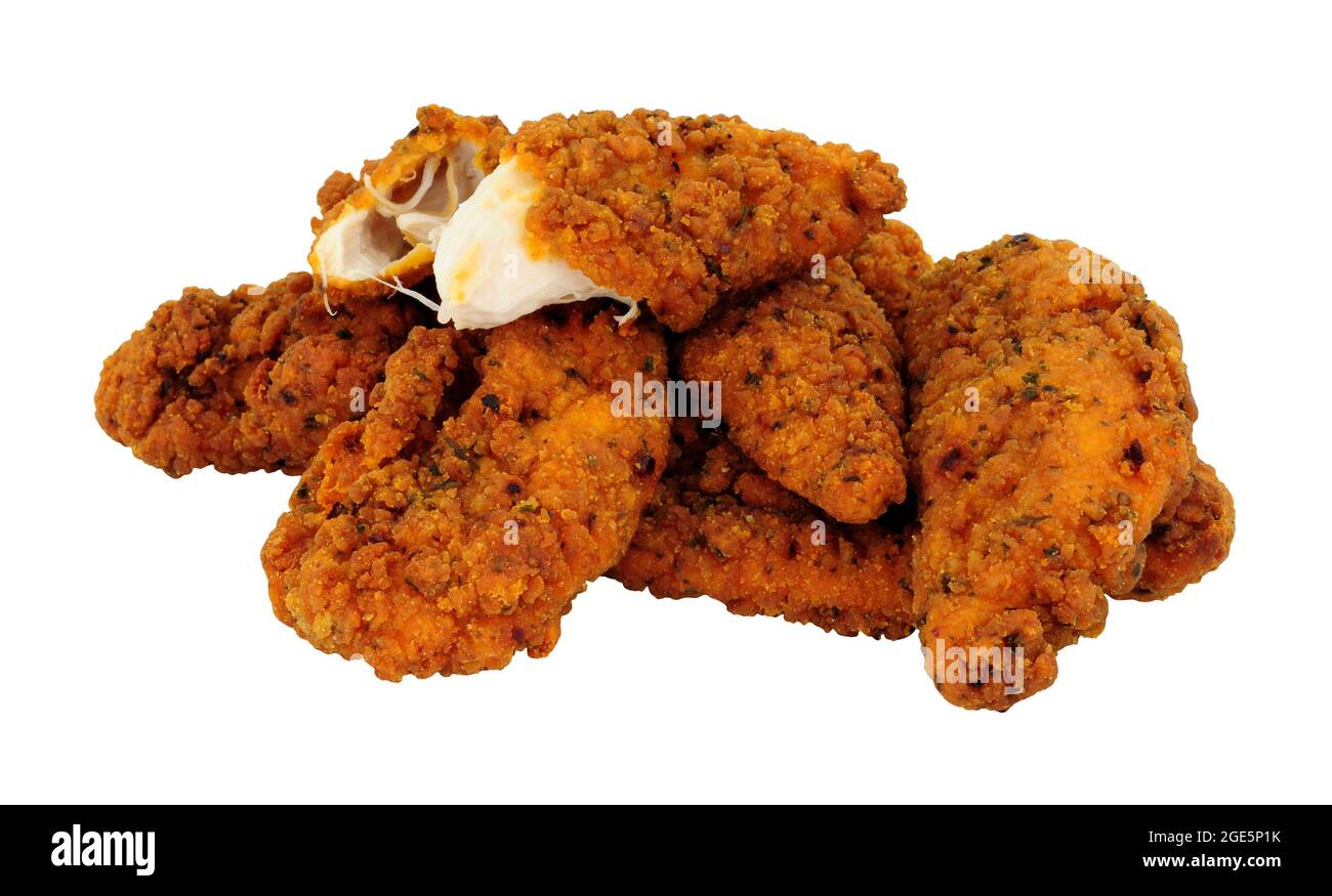 Fried spicy breadcrumb covered chicken fillets isolated on a white