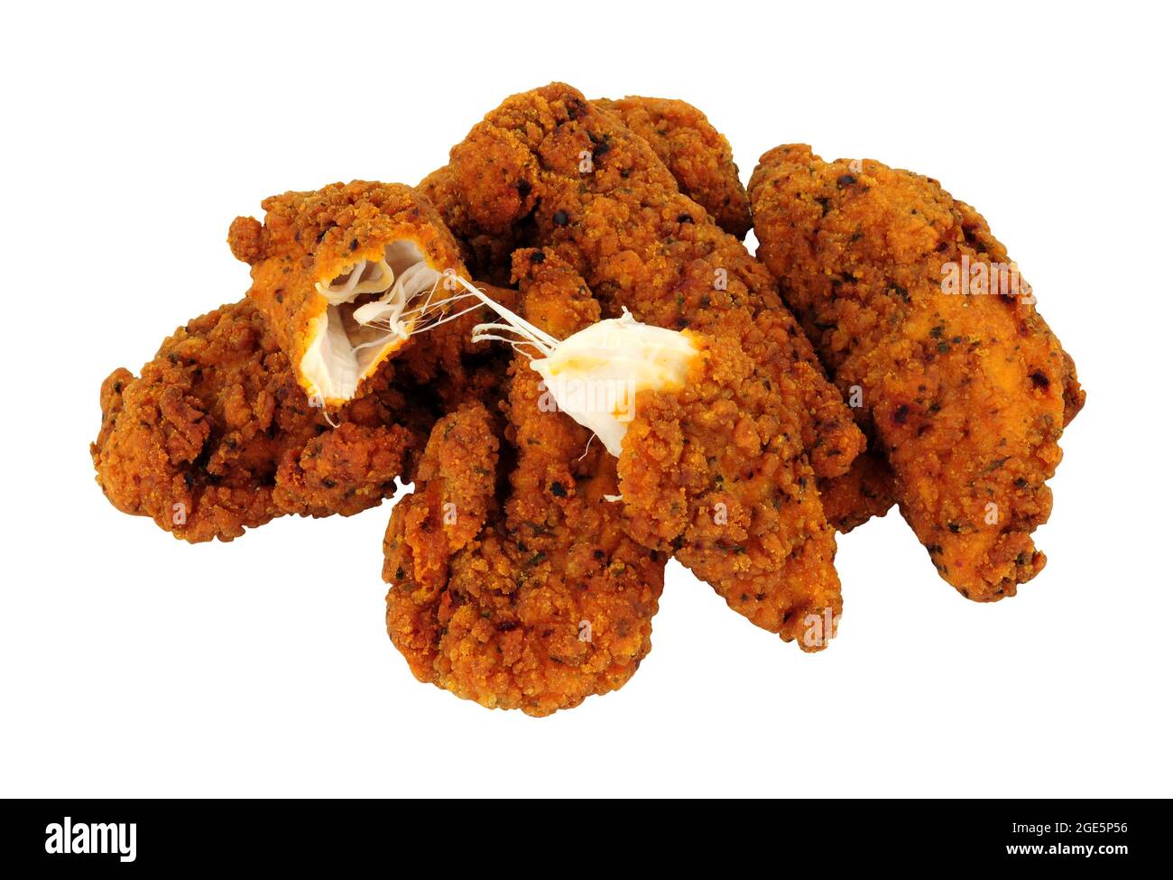 Fried spicy breadcrumb covered chicken fillets isolated on a white
