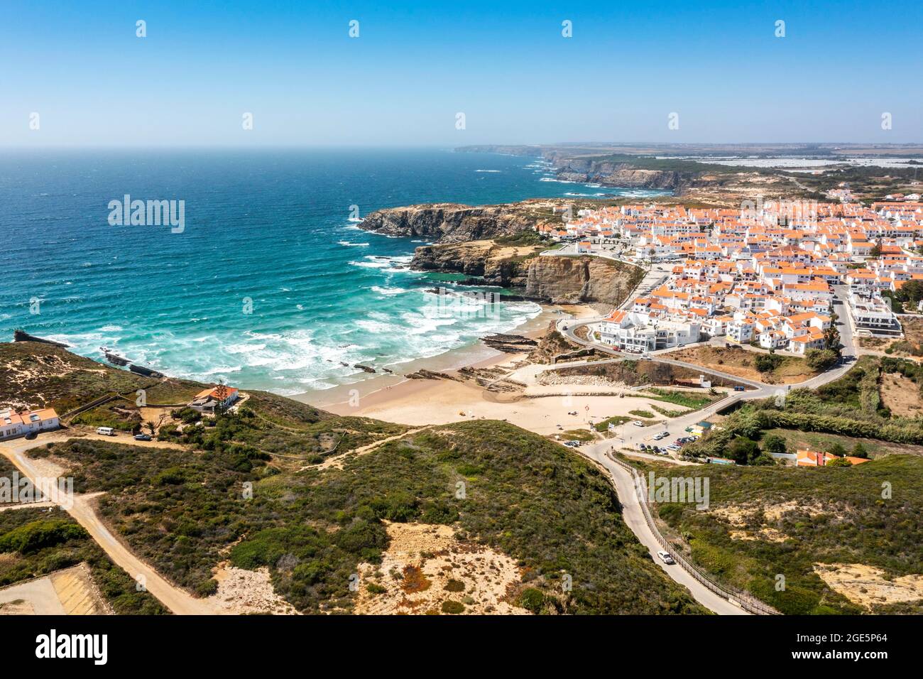 Aerial view of Zambujeira do Mar, a town on cliffs by the Atlantic Ocean in Alentejo, Portugal Stock Photo