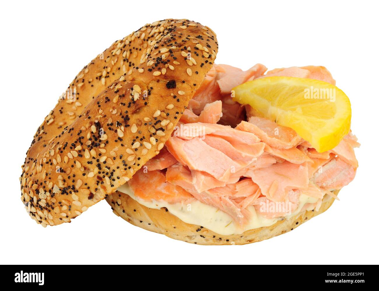 Salmon fish and cream cheese filled bagel sandwich isolated on a white background Stock Photo
