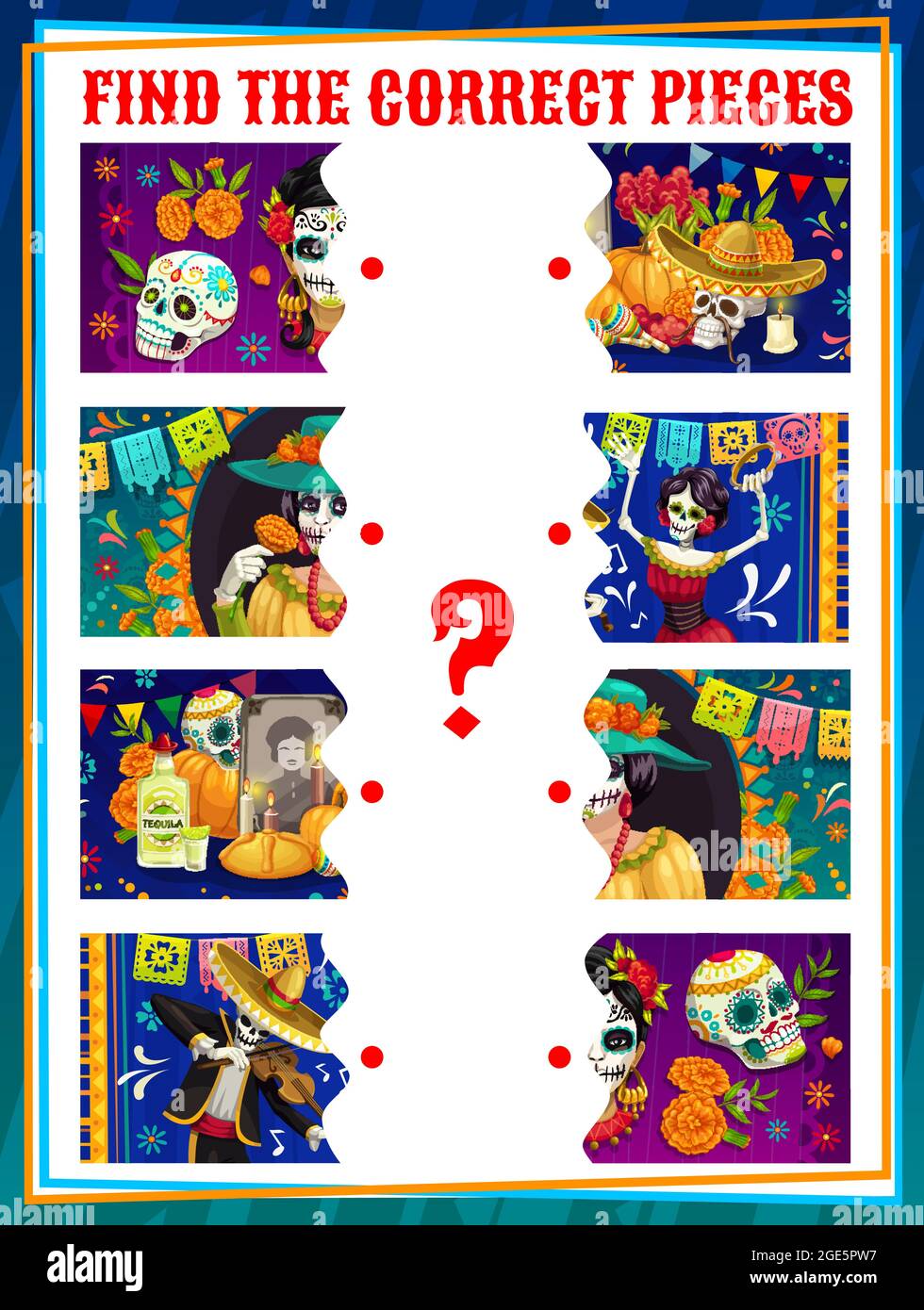 Dia de los muertos find the half kids game, vector riddle connect ...