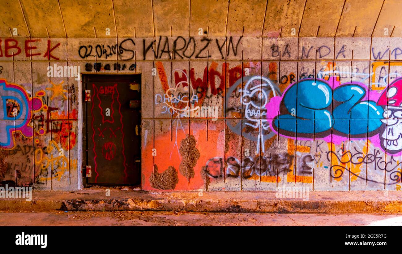 Graffiti. Tunnel under the 'Knybawa Bridge' on the Vistula River. Tczew, Dirschau, Poland Stock Photo