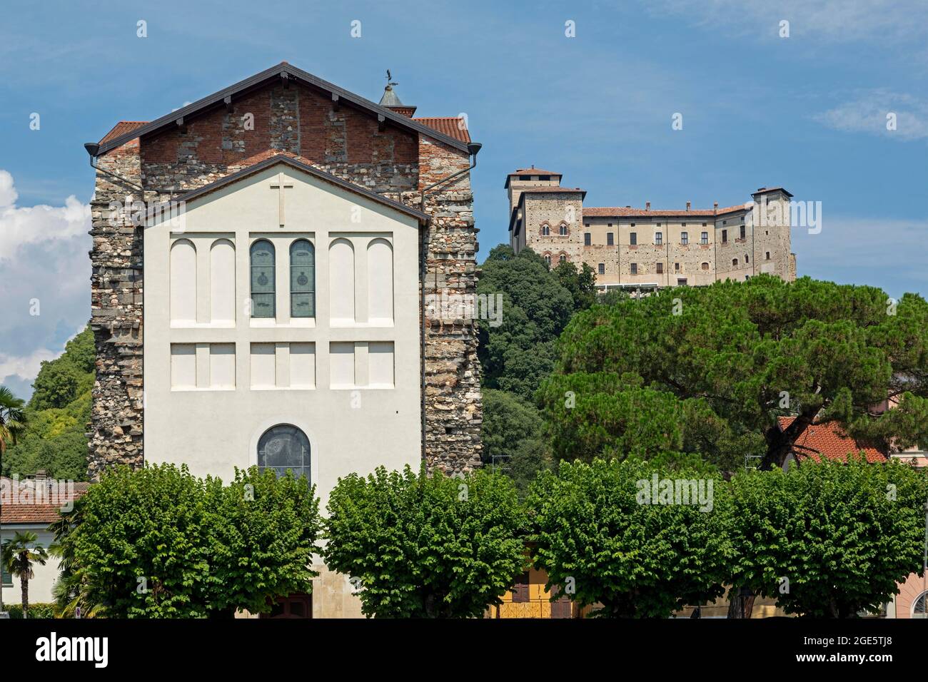 Church and castle, Angera, Lake Maggiore, Lombardy, Italy Stock Photo