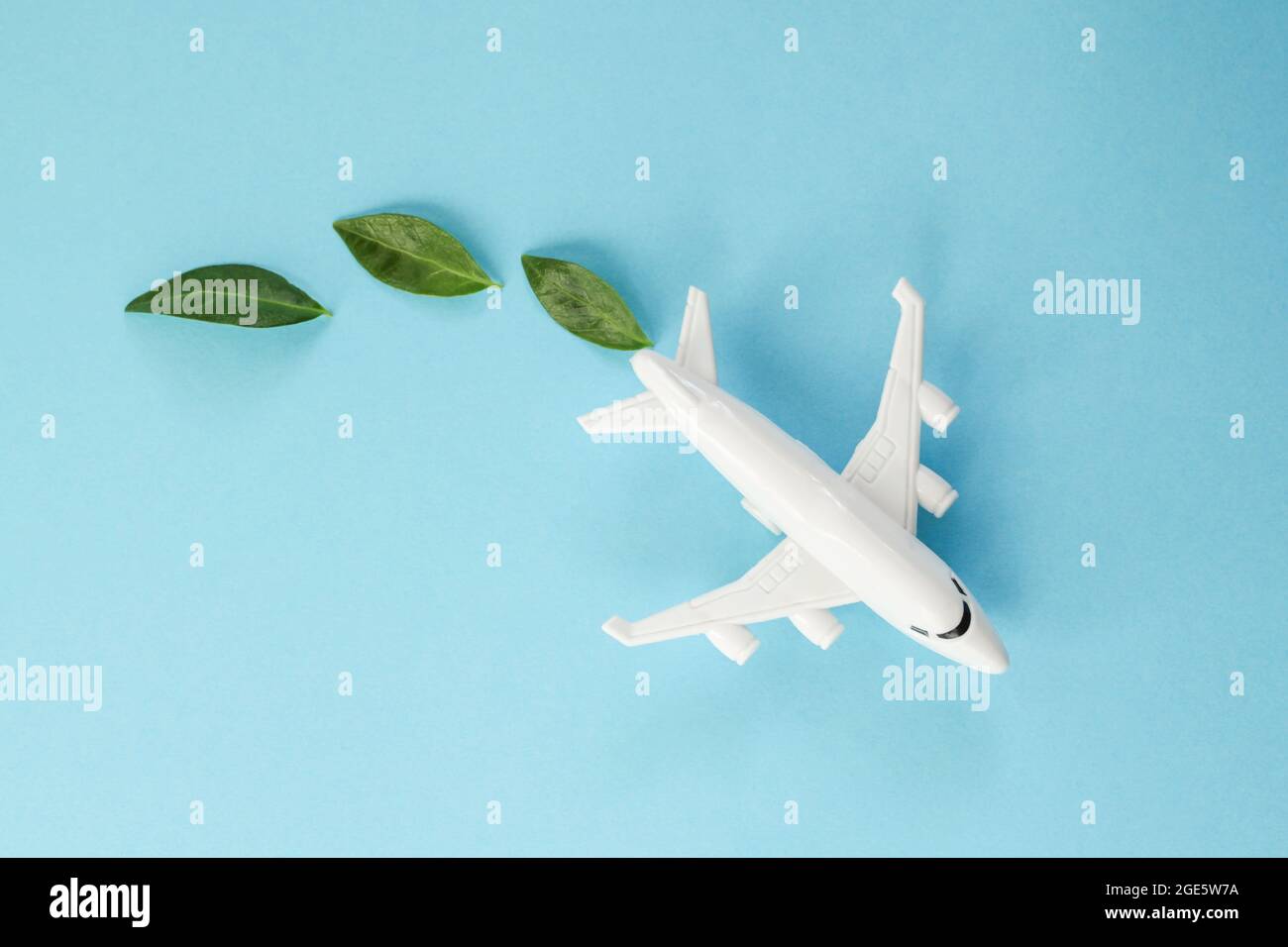 Sustainable Aviation Fuel. White airplane model, fresh green leaves on blue background. Clean and Green energy, Biofuel for aviation industry. Stock Photo