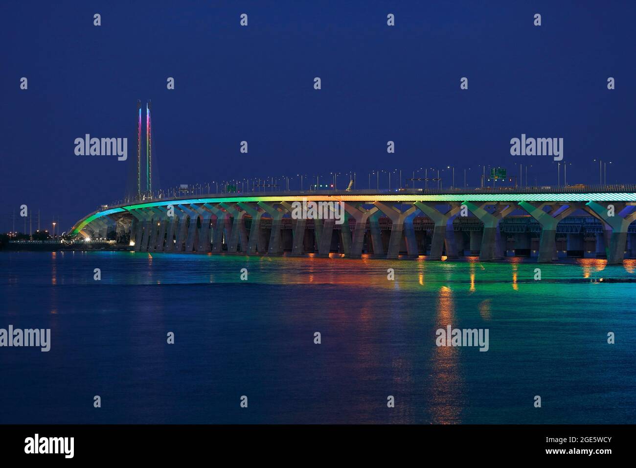 Illuminated Champlain Bridge, Montreal, Province of Quebec, Canada Stock Photo