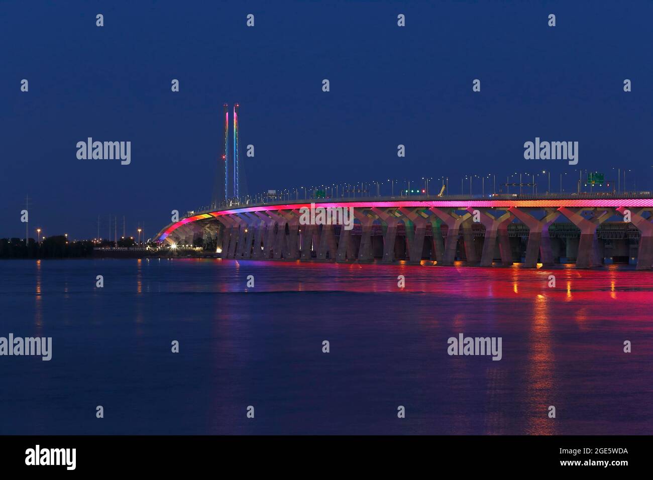 Illuminated Champlain Bridge, Montreal, Province of Quebec, Canada Stock Photo