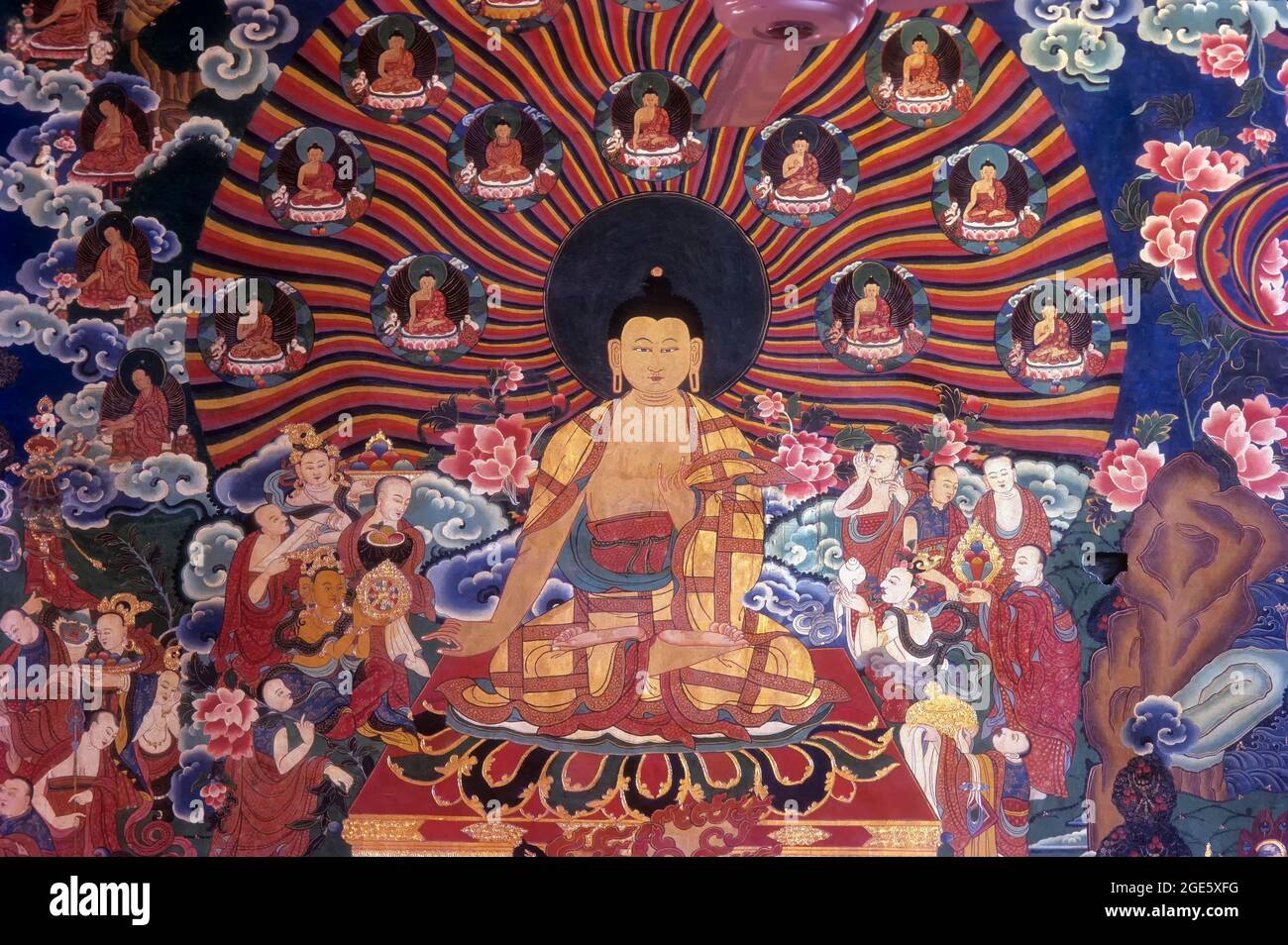 Buddhas mural painting in Tibetan Nyingma Monastery in Bodh Gaya, Bihar, India Stock Photo