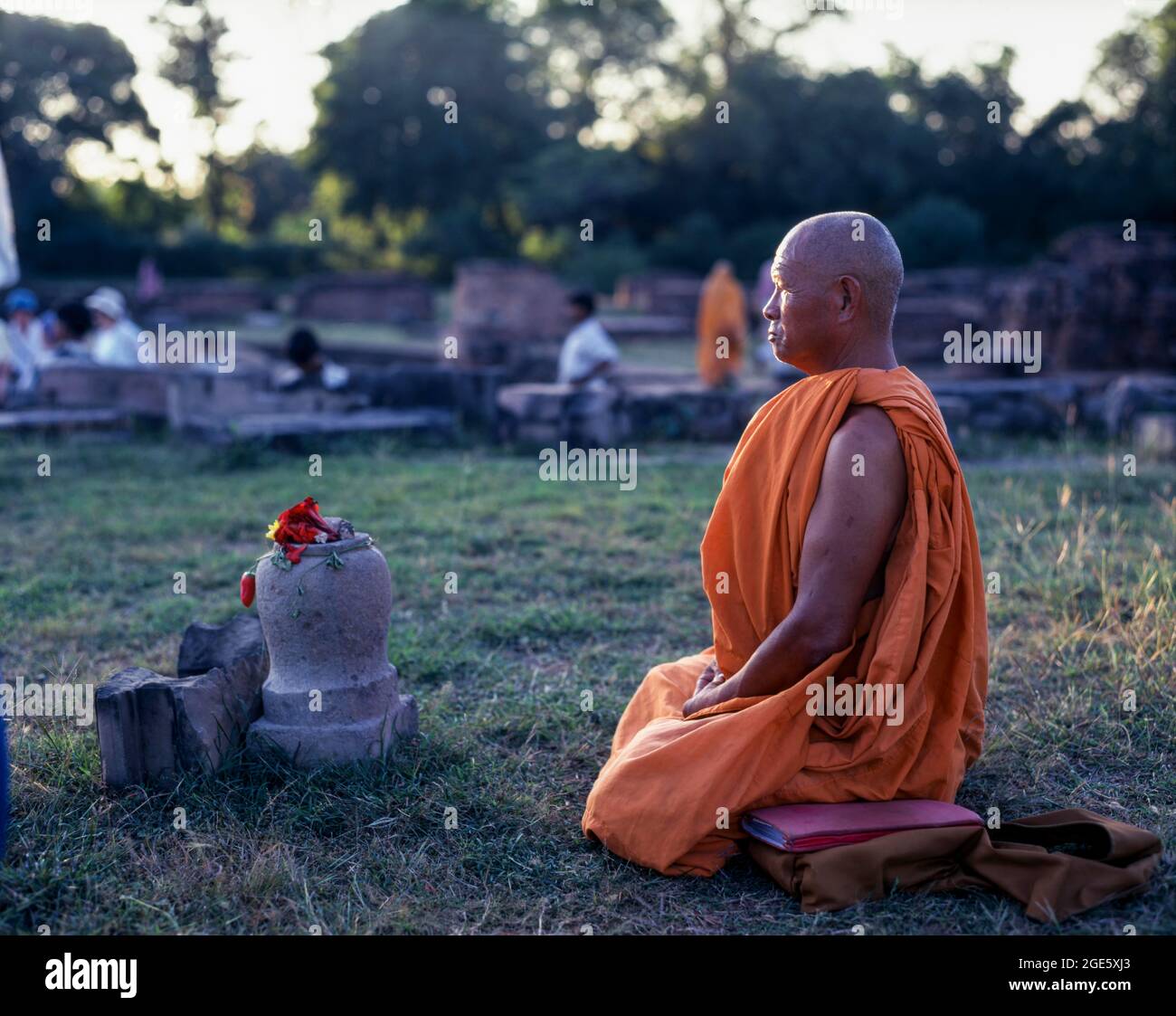 Prayer Buddhist monk in Sarnath, Varanasi, Uttar Pradesh, India Stock Photo