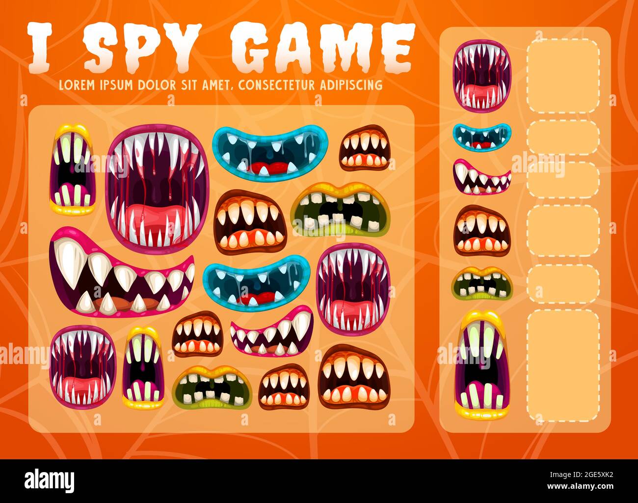 Child I spy game with Halloween monsters teethed maws. Children math activity, educational game or cartoon vector kids exercise with counting task. Sc Stock Vector