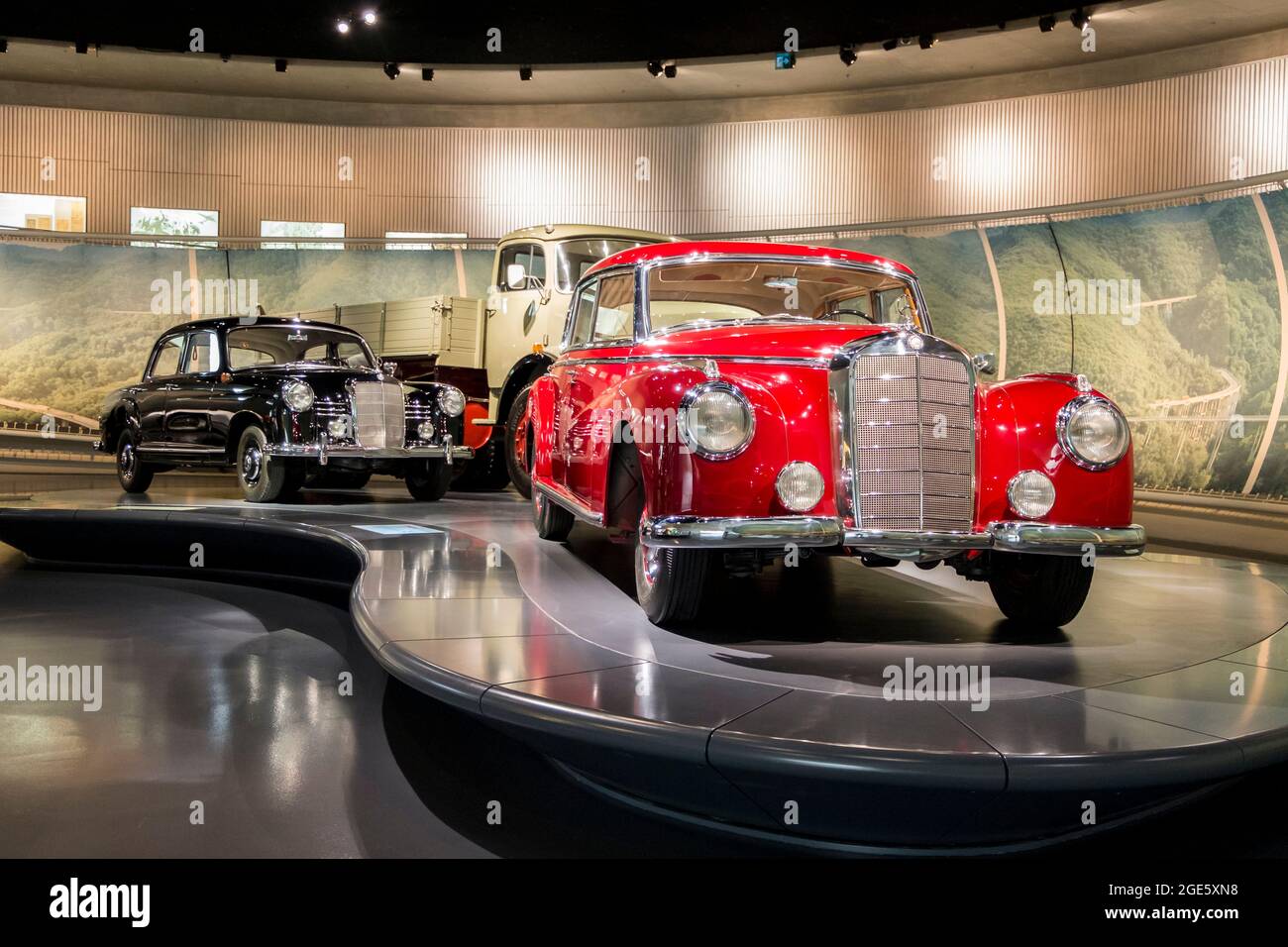 A group of two cars and a truck from the 1950's. At the Mercedes-Benz Museum in Stuttgart, Germany. Stock Photo