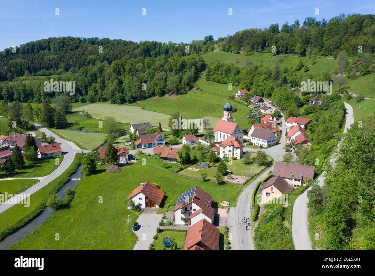 Bichishausen with church and castle ruins, valley of the Lauter or Grosses Lautertal, left tributary of the Danube, Swabian Alb, Baden-Wuerttemberg Stock Photo