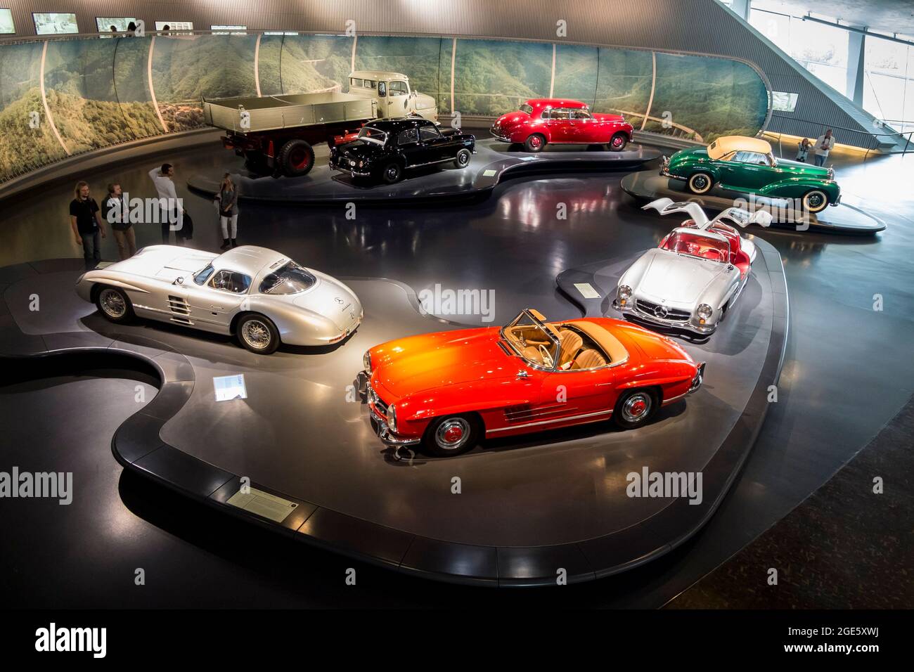 An overview of various 1950's cars, including a gullwing model. At the Mercedes-Benz Museum in Stuttgart, Germany. Stock Photo