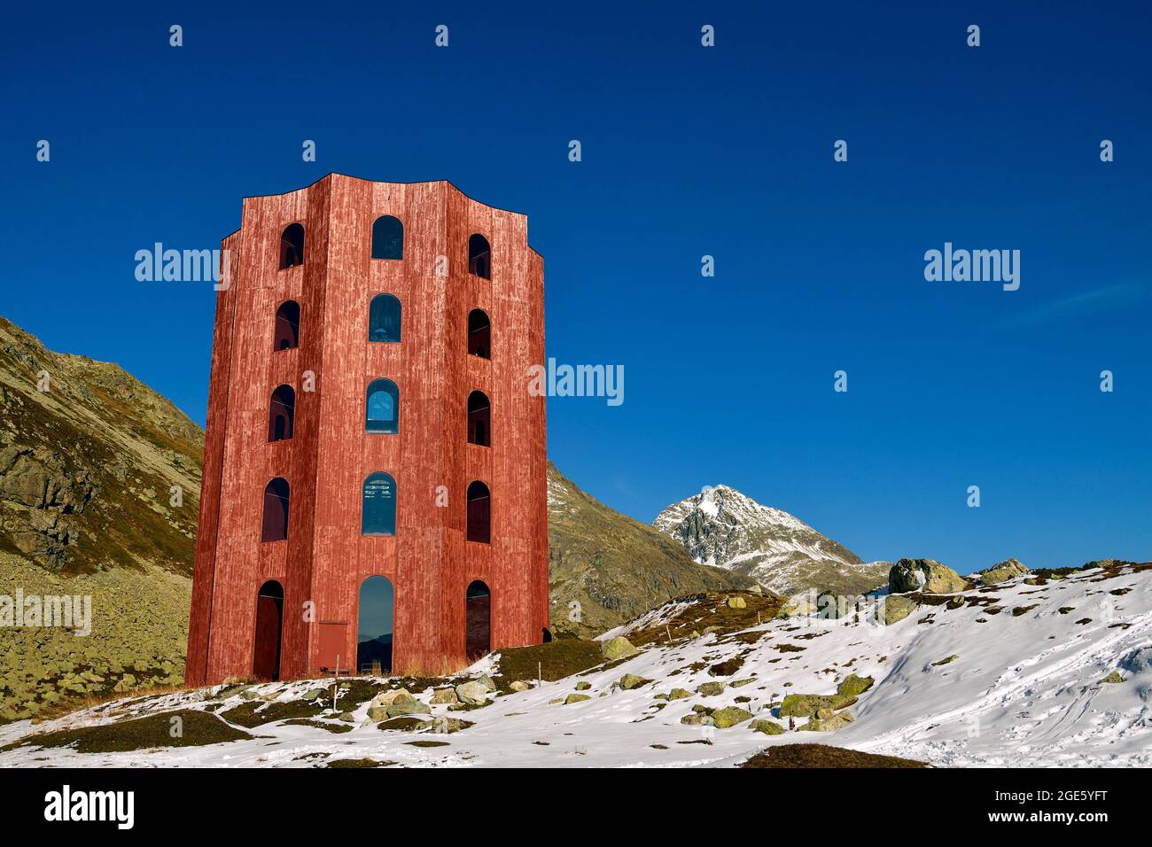 Origen wooden tower, Julier Pass, Canton Graubuenden, Switzerland Stock Photo
