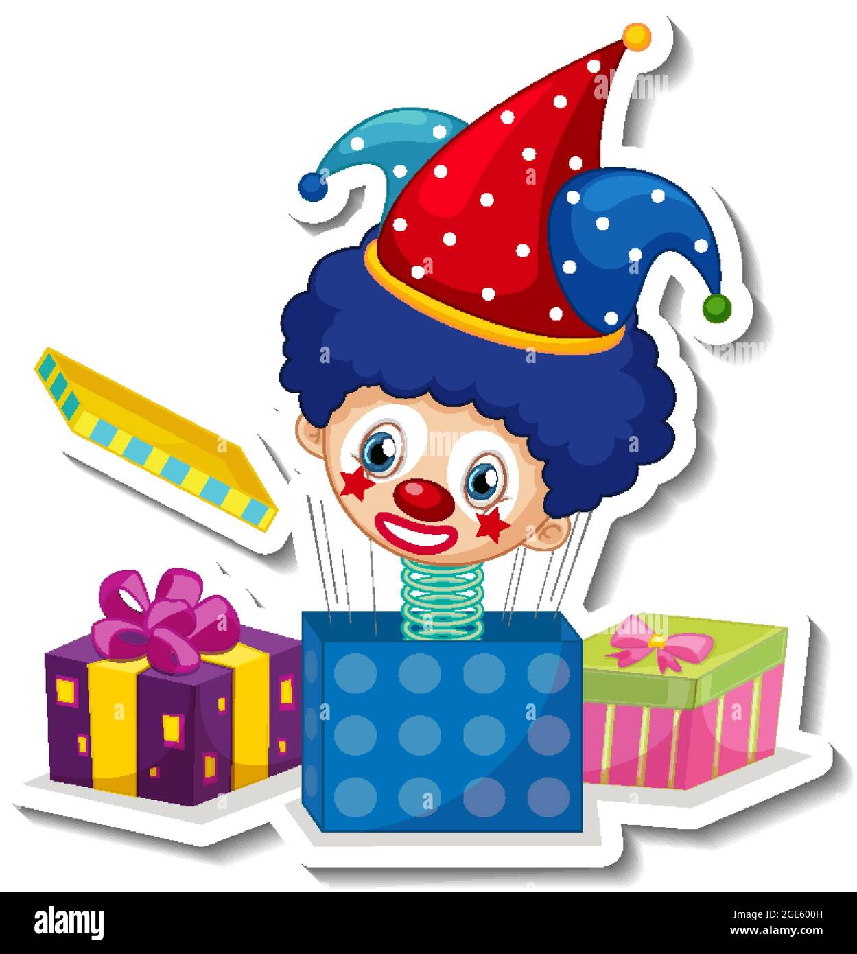 Sticker template with cute clown on a spring in the box 