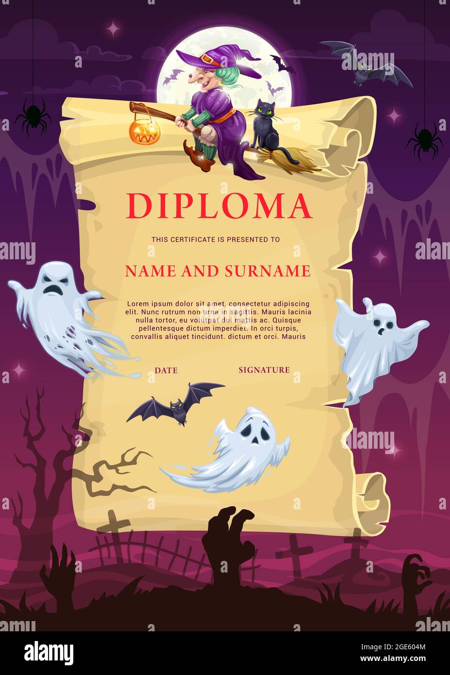 Children Halloween diploma template with witch and ghosts. Kid Inside Halloween Certificate Template