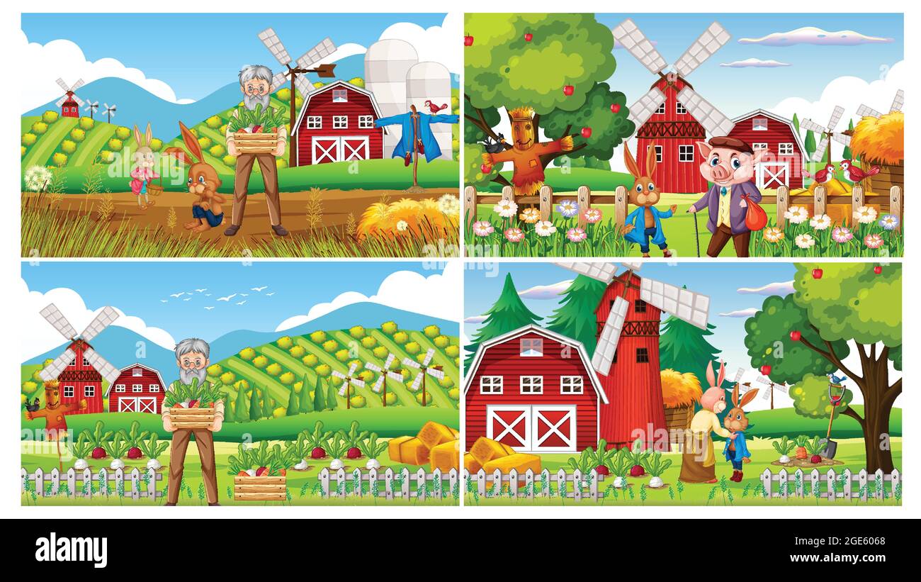 Set of different farm scene with old farmer man and farm animals illustration Stock Vector
