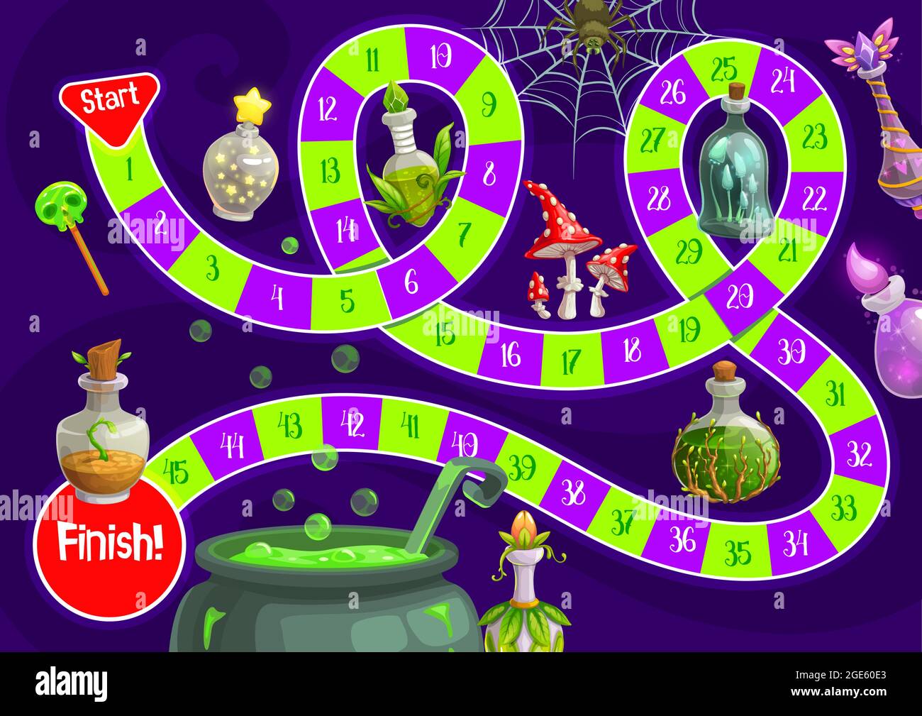 Child Halloween board game with magic potions. Kids race game, children