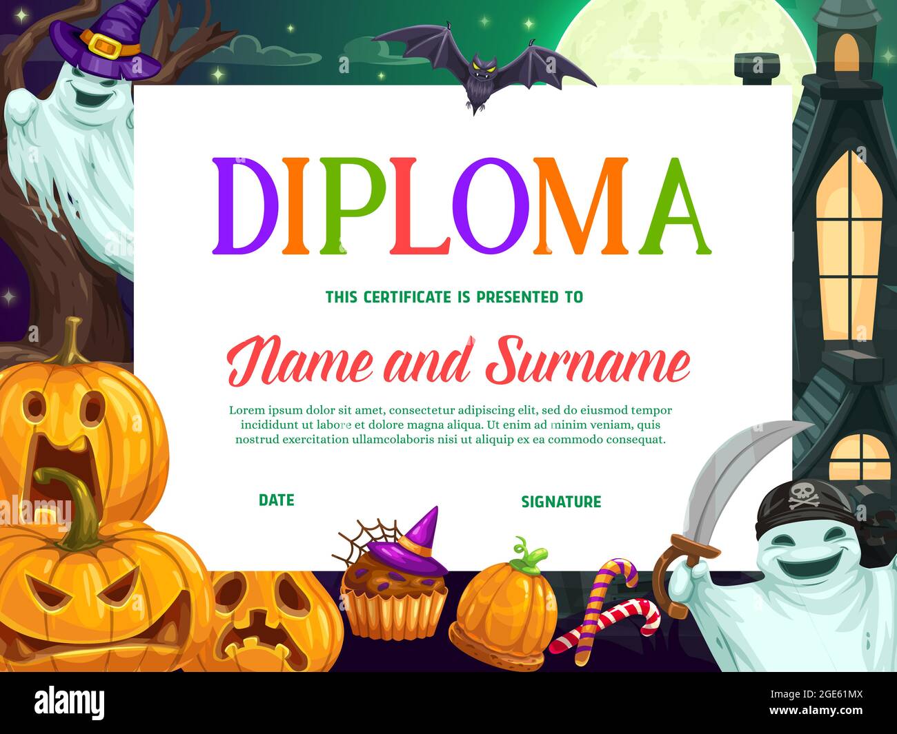 Halloween kids education diploma or certificate vector template In Halloween Certificate Template