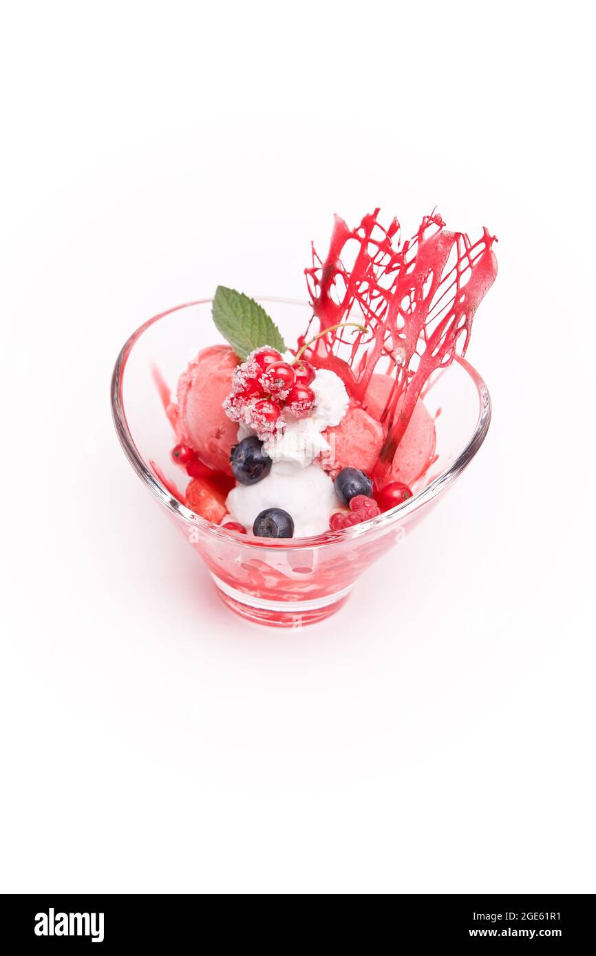 Selection of gourmet flavours of Italian ice cream scoops in sundae