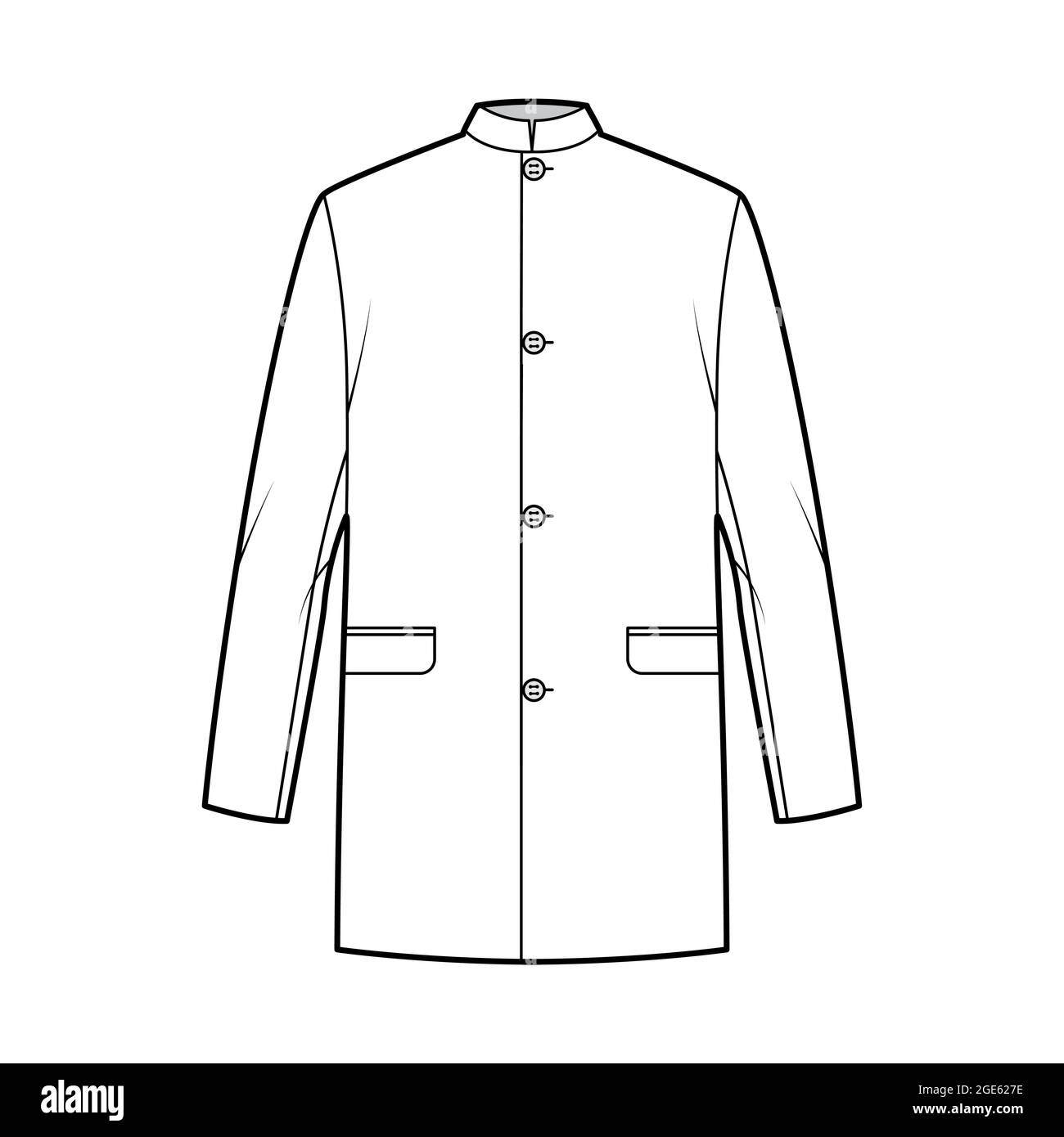 Nehru jacket technical fashion illustration with oversized, stand collar, flap pockets, oversized, long sleeves. Flat coat apparel template front, white color style. Women, men, unisex CAD mockup Stock Vector