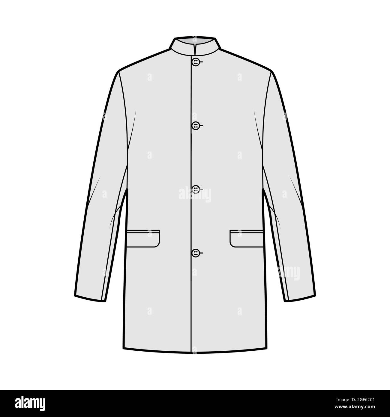 Nehru jacket technical fashion illustration with oversized, stand collar, flap pockets, oversized, long sleeves. Flat coat apparel template front, grey color style. Women, men, unisex CAD mockup Stock Vector