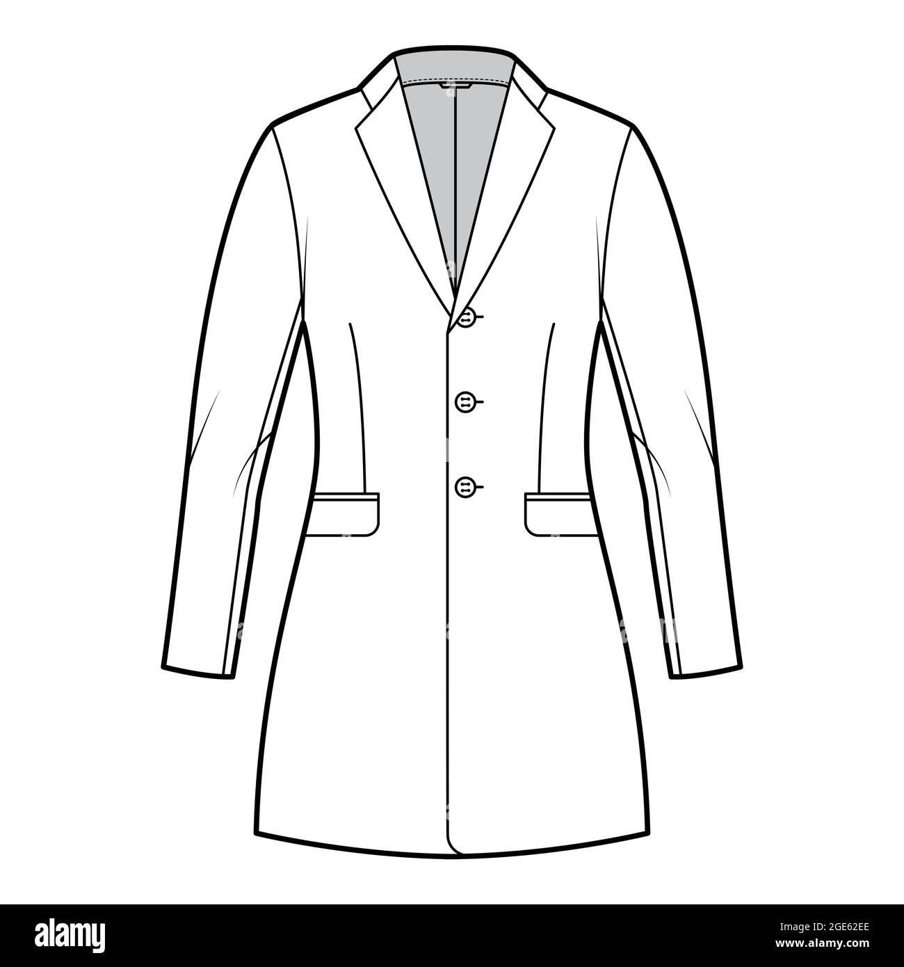 Jacket fitted Blazer structured suit technical fashion illustration with single breasted, long sleeves, flap pockets, fingertip length. Flat coat template front, white color style. Women, men CAD Stock Vector