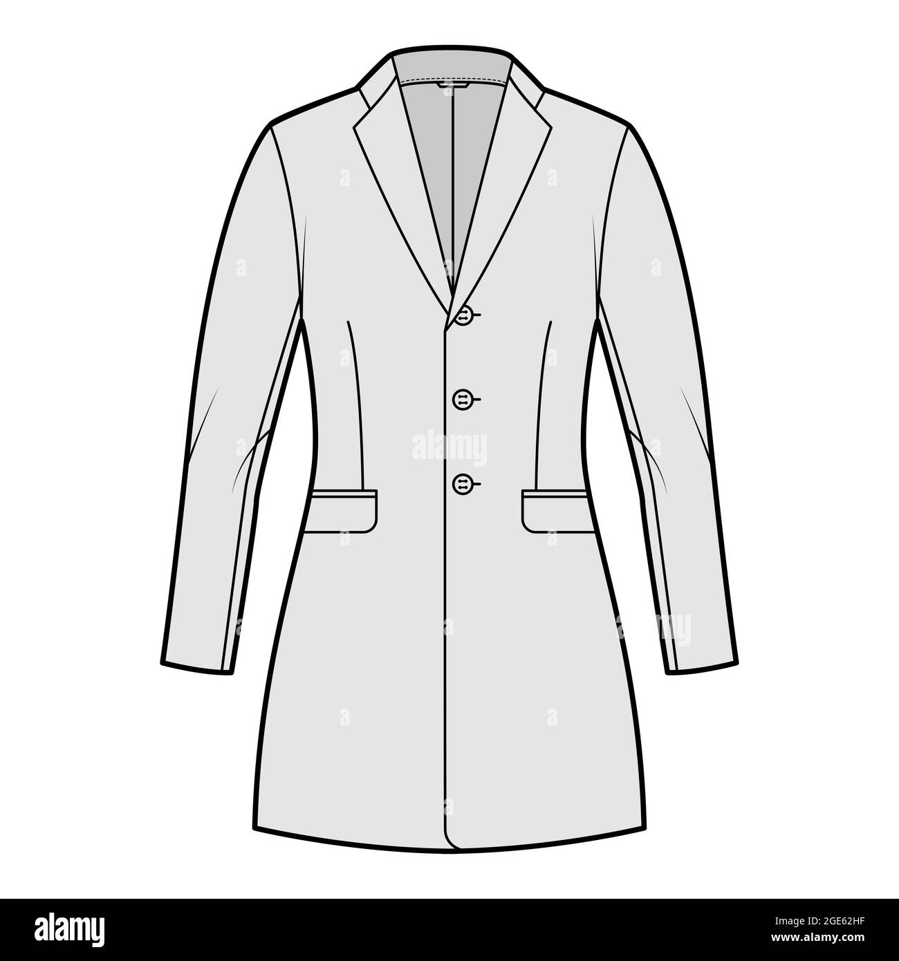 Jacket fitted Blazer structured suit technical fashion illustration with single breasted, long sleeves, flap pockets, fingertip length. Flat apparel coat template front, grey color. Women, men CAD Stock Vector
